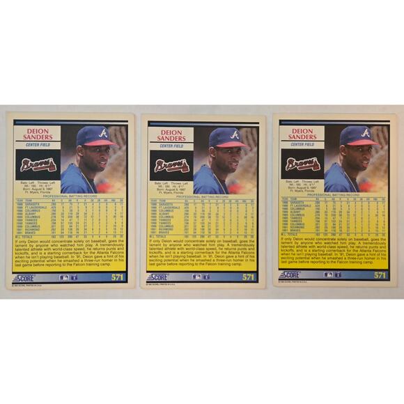 Three Deion Sanders Score 1992 #571 MLB Baseball Cards - Picture 2 of 4